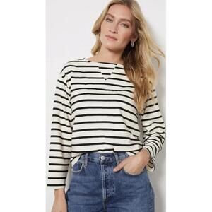 Monrow Black and White Stripe Boat Neck Long Sleeve - Size - Large